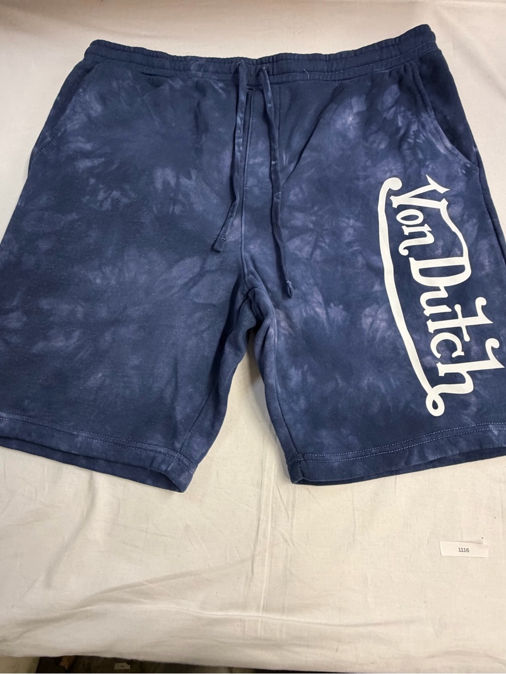 Von Dutch Navy Blue Tie-Dye Swim Trunks with White Logo
